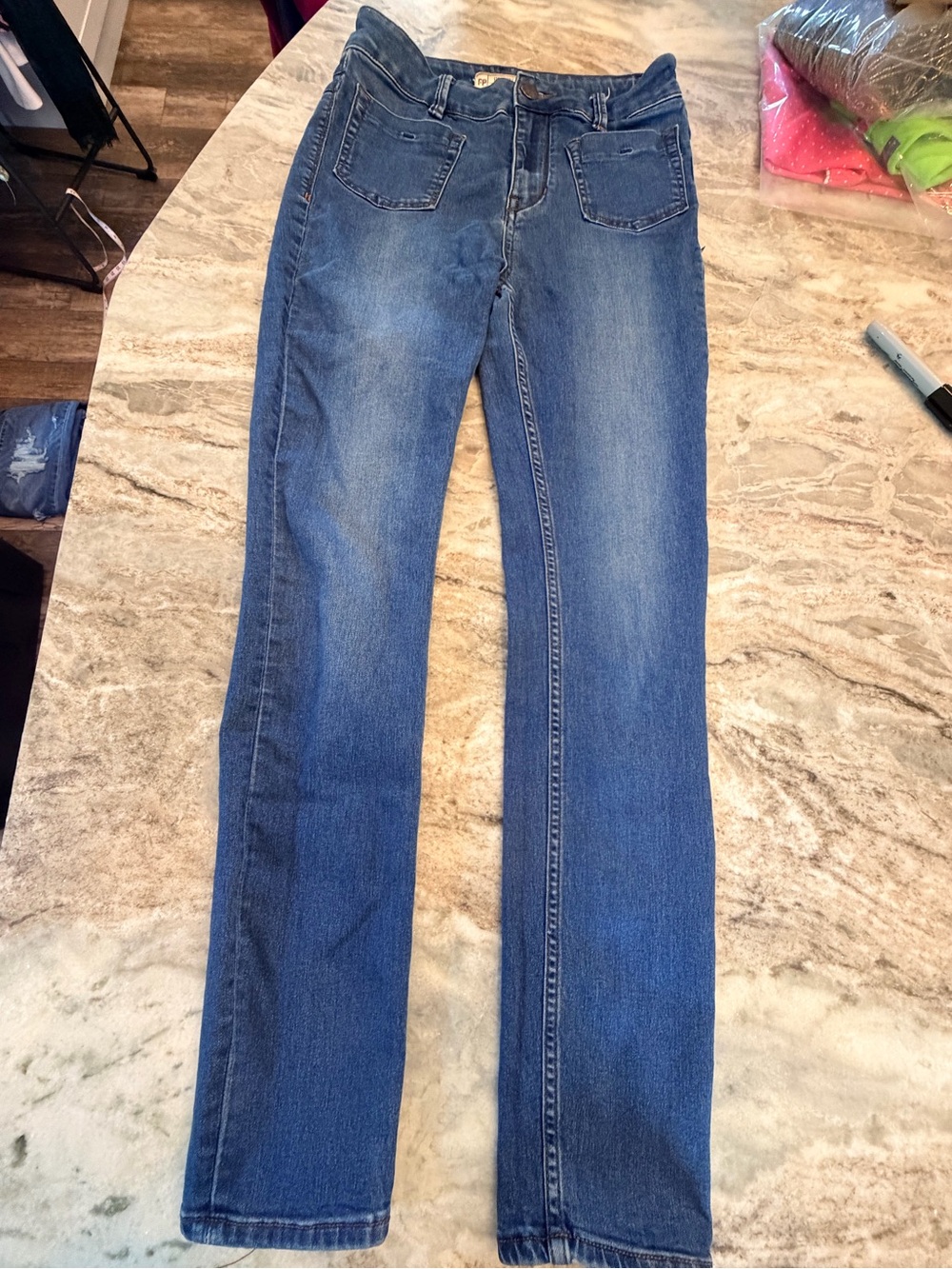 Free People Size 27 Blue Stretch Flare Jeans Front Patch Pockets